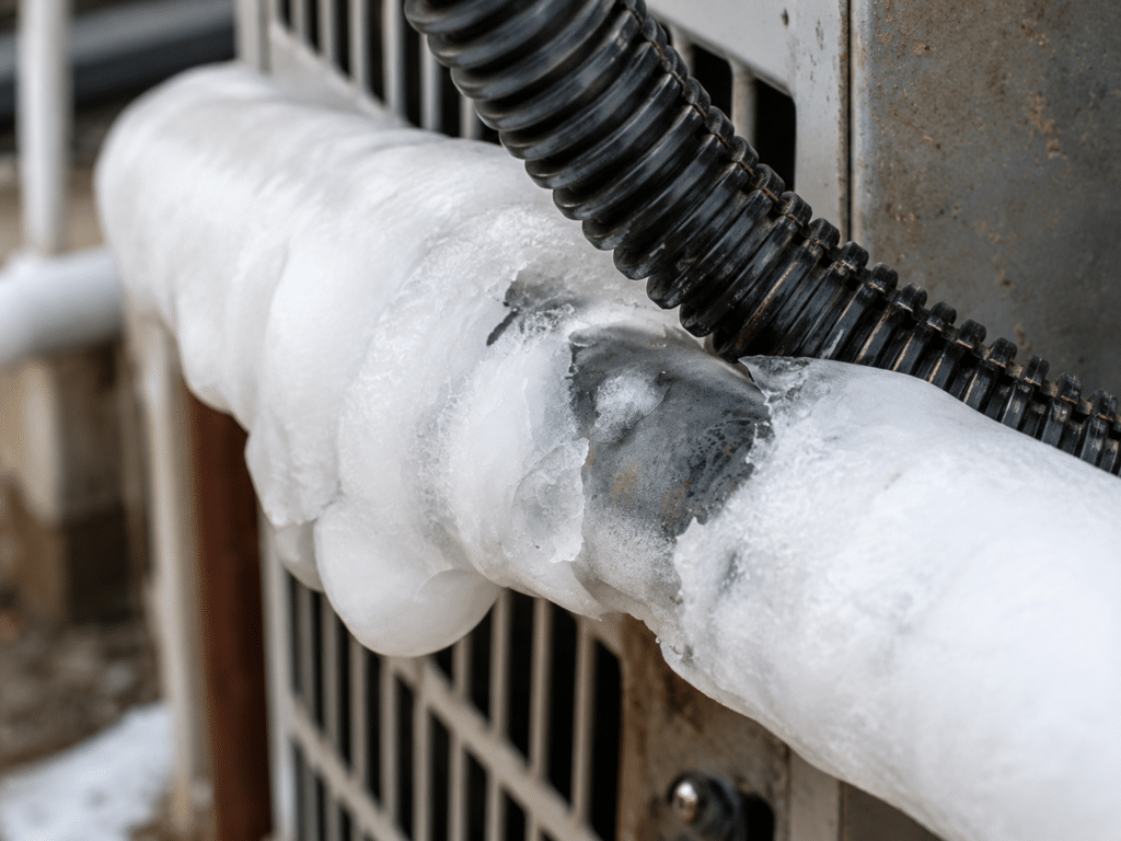 Frost-covered evaporator coil in an air conditioning unit, showing ice buildup on the cooling fins