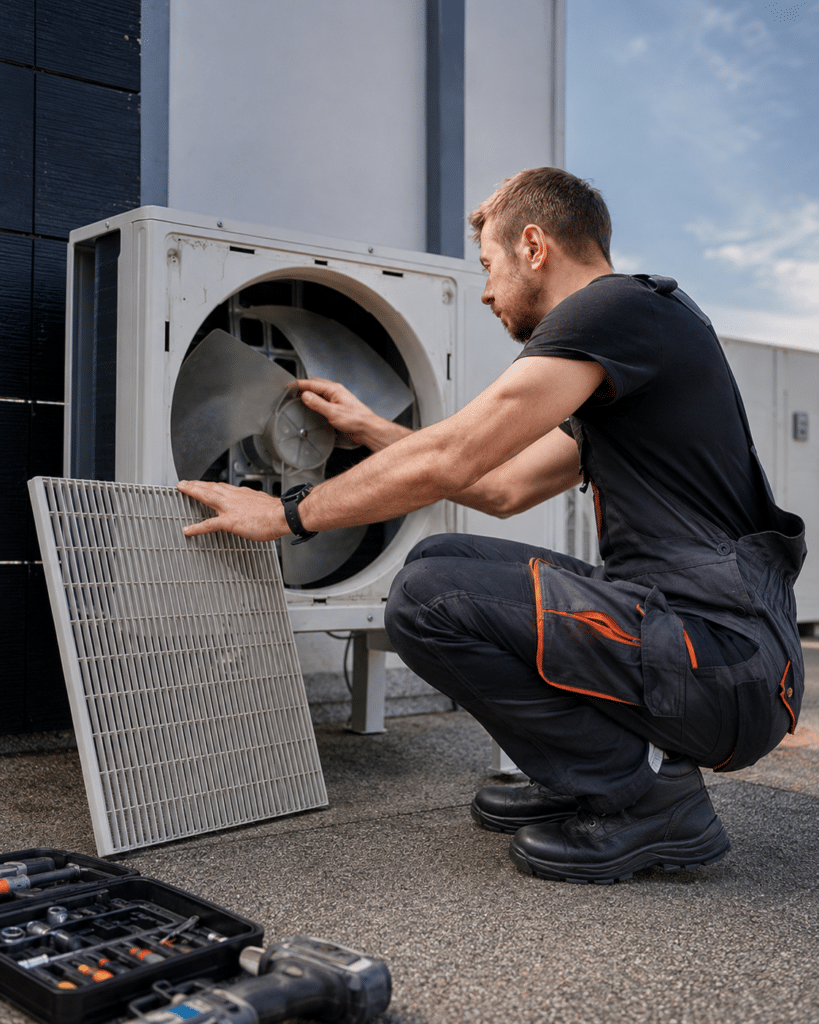 HVAC technician inspecting outdoor AC unit in North Jersey