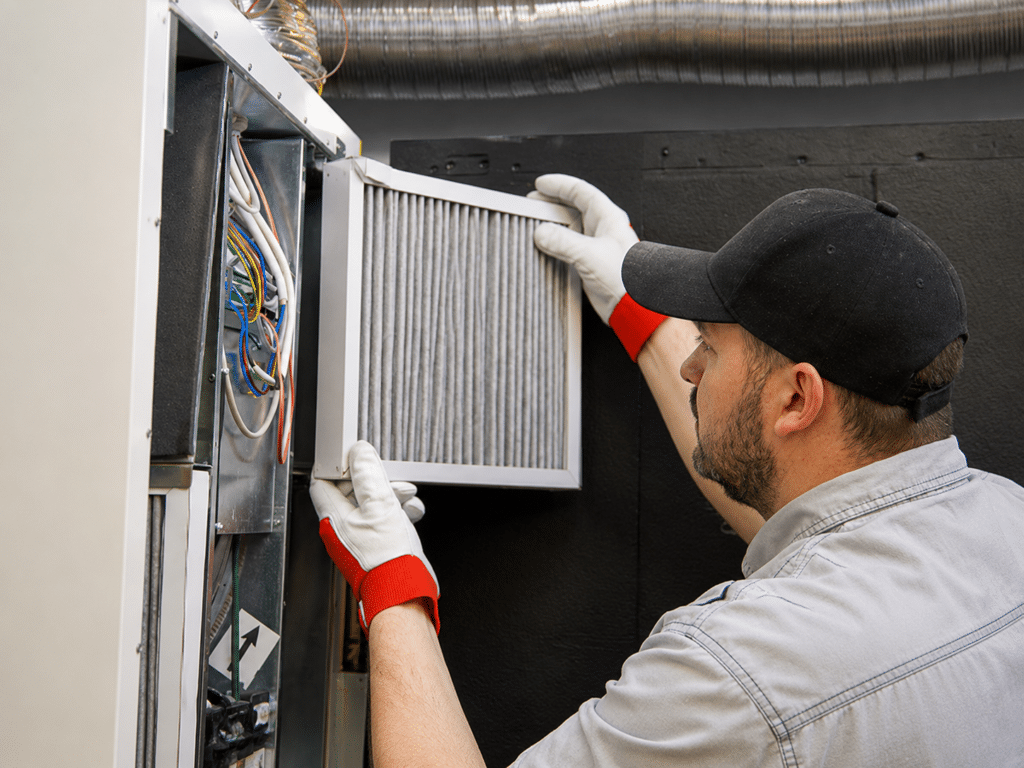 HVAC technician performing a summer tune-up on an outdoor air conditioner condenser unit, checking gauges and cleaning coils.
