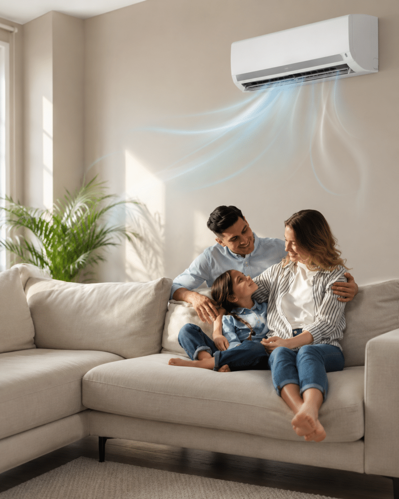 Family relaxing in a cool living room with newly installed AC unit
